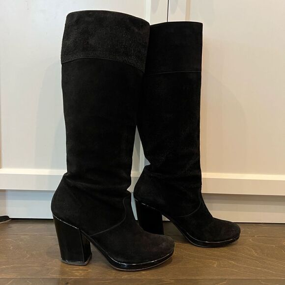 Robert Clergerie Black Boots Chunky Heel Suede Patent Leather Platform 6.5 - Picture 5 of 14